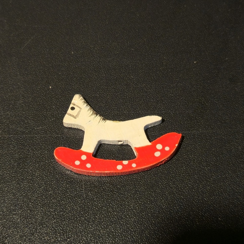 Vintage Miniature Hand Painted Wooden Rocking Horse Christmas Ornament White Red